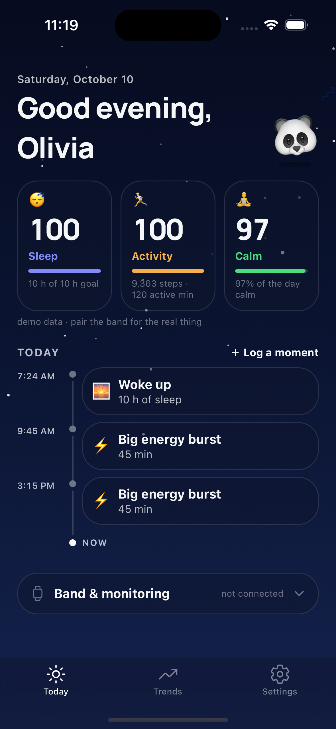 The Today screen — readiness, sleep, activity and calm scores with the daily timeline